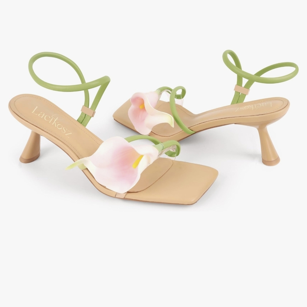Women's Tan and Green Floral Sandals